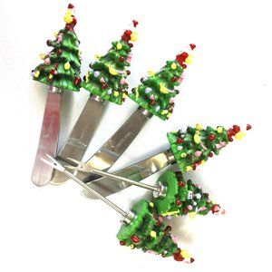 SPODE Christmas Tree Stainless Steel Canapé Cheese spreader Knives 2 Forks VTG